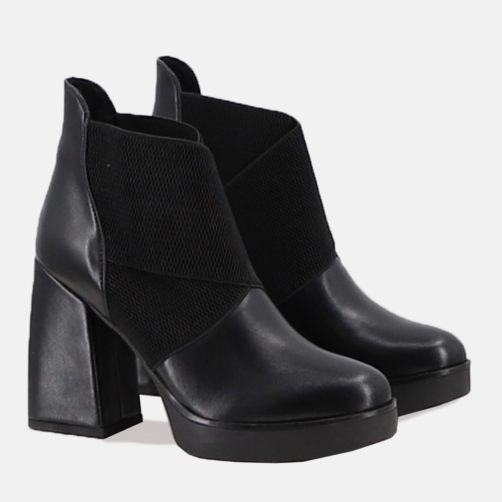 Women’s Block Heel Platform Stretch Ankle Boot in Black Faux Leather - Picture 1 of 5